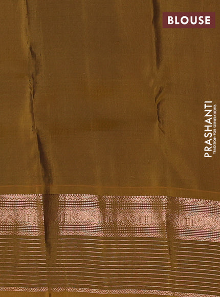 Kanchipuram silk saree green shade and mustard green with allover copper zari woven buttas and copper zari woven border