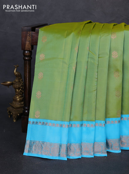 Kanchipuram silk saree teal green and light blue with copper zari woven buttas and rettapet copper zari woven border