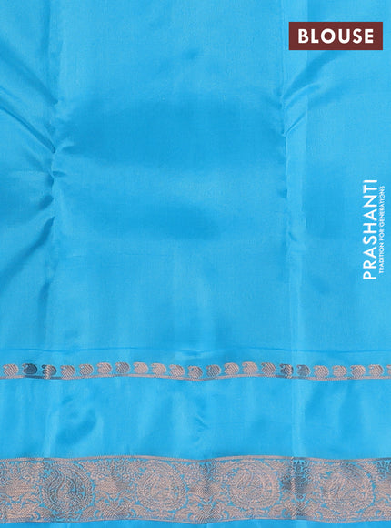 Kanchipuram silk saree teal green and light blue with copper zari woven buttas and rettapet copper zari woven border