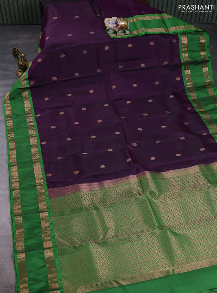 Kanchipuram silk saree deep purple and green with copper zari woven buttas and rettapet copper zari woven border