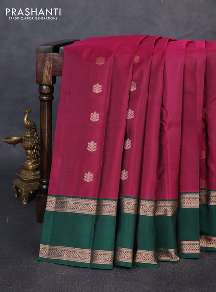 Kanchipuram silk saree pink and bottle green with copper zari woven buttas and rettapet copper zari woven border