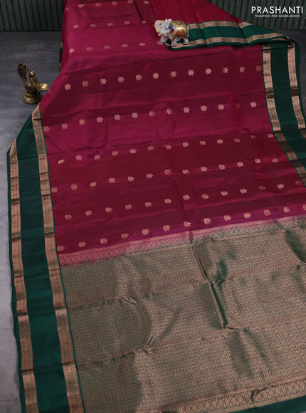 Kanchipuram silk saree pink and bottle green with copper zari woven buttas and rettapet copper zari woven border