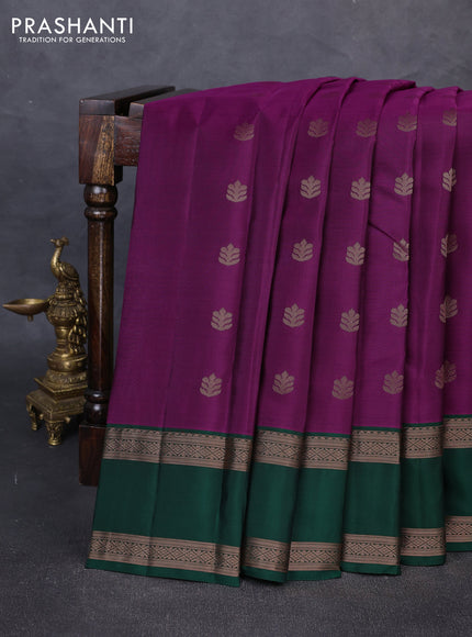 Kanchipuram silk saree purple and green with copper zari woven buttas and rettapet copper zari woven border
