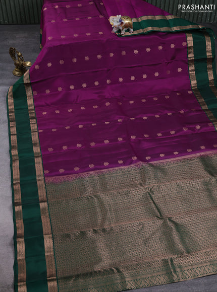 Kanchipuram silk saree purple and green with copper zari woven buttas and rettapet copper zari woven border