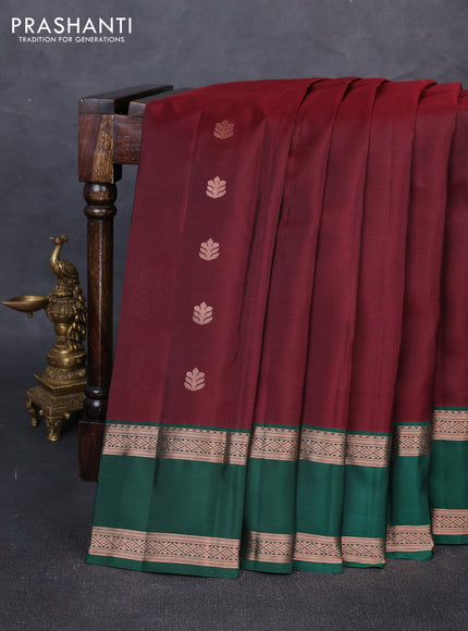 Kanchipuram silk saree deep maroon and bottle green with copper zari woven buttas and rettapet copper zari woven border
