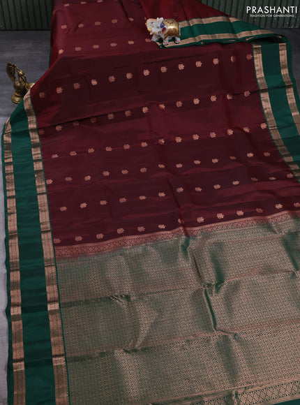 Kanchipuram silk saree deep maroon and bottle green with copper zari woven buttas and rettapet copper zari woven border