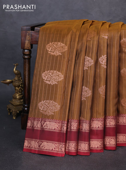 Kanchipuram silk saree mustard green and maroon with allover zari weaves & buttas and rettapet copper zari woven border