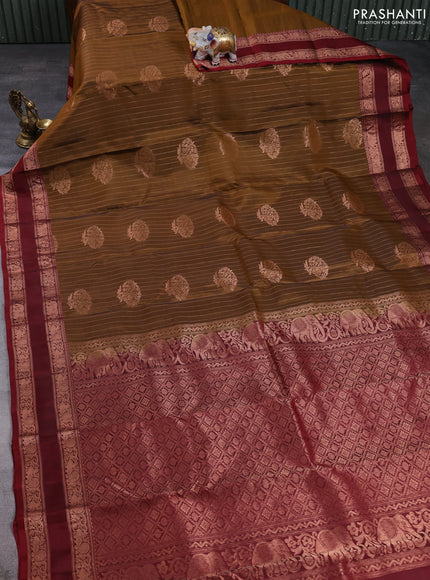 Kanchipuram silk saree mustard green and maroon with allover zari weaves & buttas and rettapet copper zari woven border