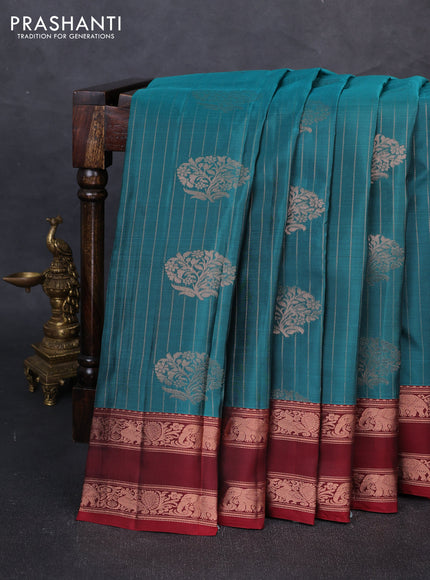 Kanchipuram silk saree peacock green and maroon with allover copper zari weaves & buttas and rettapet copper zari woven border