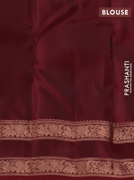 Kanchipuram silk saree peacock green and maroon with allover copper zari weaves & buttas and rettapet copper zari woven border