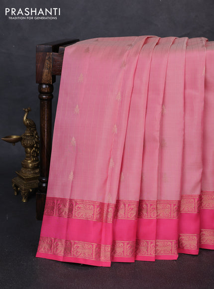 Kanchipuram silk saree pastel pink and peach pink with allover zari weaves & buttas and rettapet zari woven border