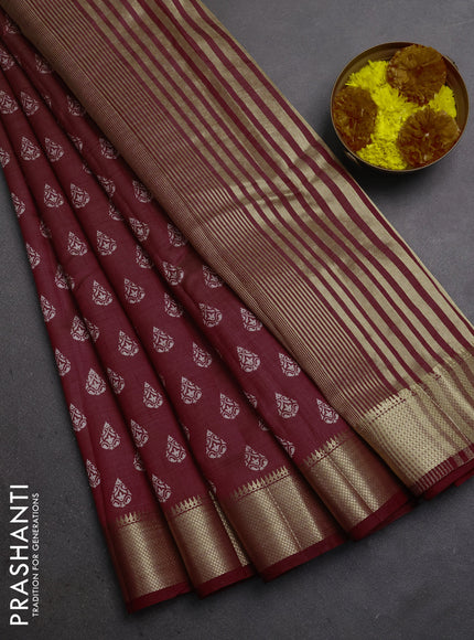 Semi raw silk saree maroon with allover butta prints and zari woven border