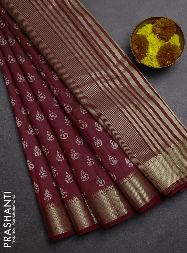 Semi raw silk saree maroon with allover butta prints and zari woven border