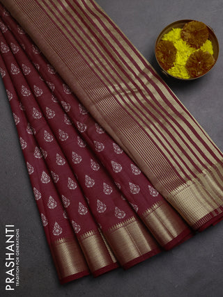 Semi raw silk saree maroon with allover butta prints and zari woven border