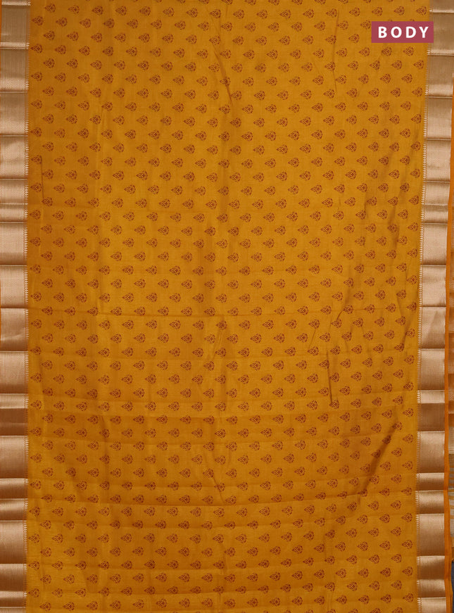 Semi raw silk saree dark mustard with allover butta prints and zari woven border