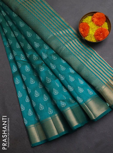 Semi raw silk saree teal green with allover butta prints and zari woven border