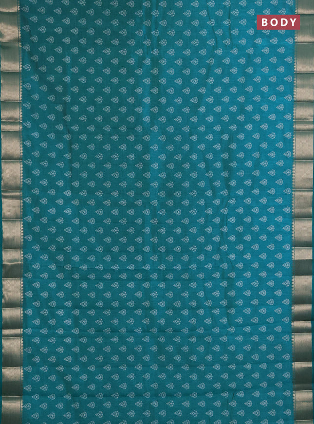 Semi raw silk saree teal green with allover butta prints and zari woven border