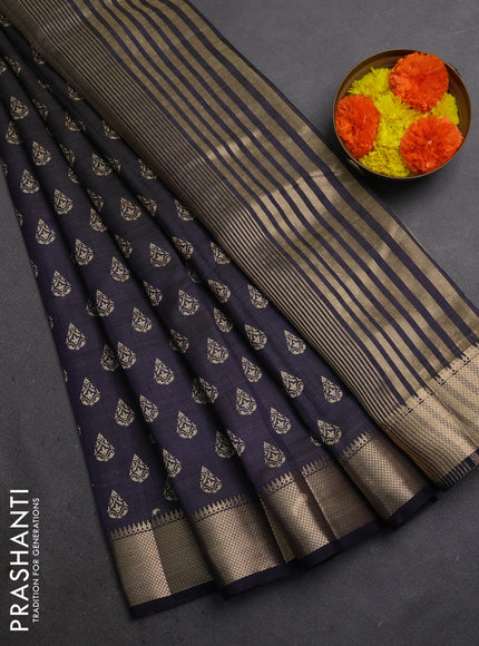 Semi raw silk saree navy blue with allover butta prints and zari woven border