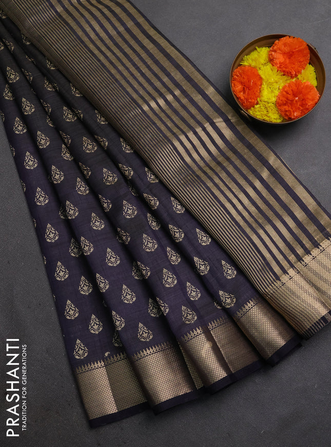 Semi raw silk saree navy blue with allover butta prints and zari woven border