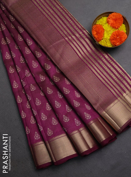 Semi raw silk saree wine shade with allover butta prints and zari woven border
