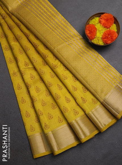 Semi raw silk saree mustard yellow with allover butta prints and zari woven border