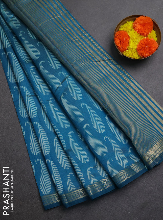 Semi raw silk saree teal blue with allover paisley butta prints and zari woven border