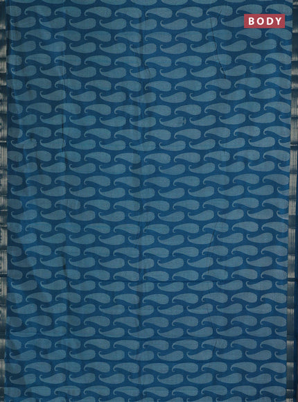 Semi raw silk saree teal blue with allover paisley butta prints and zari woven border