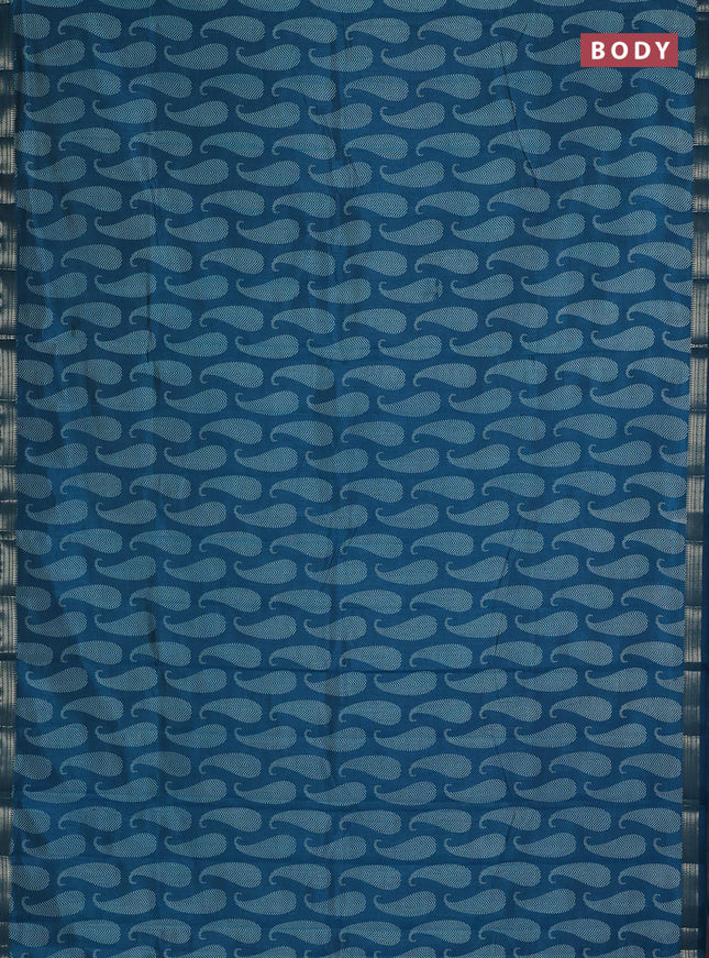 Semi raw silk saree teal blue with allover paisley butta prints and zari woven border