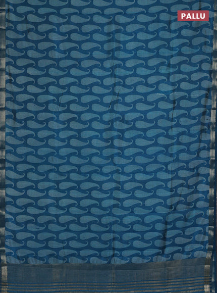 Semi raw silk saree teal blue with allover paisley butta prints and zari woven border