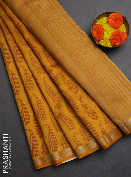 Semi raw silk saree mustard yellow with allover paisley butta prints and zari woven border