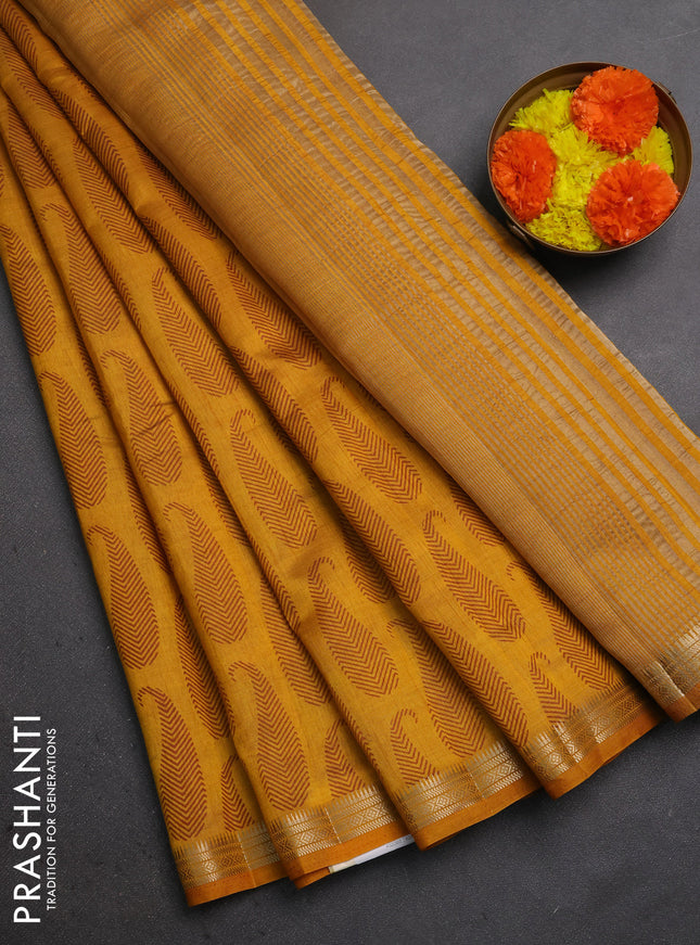 Semi raw silk saree mustard yellow with allover paisley butta prints and zari woven border