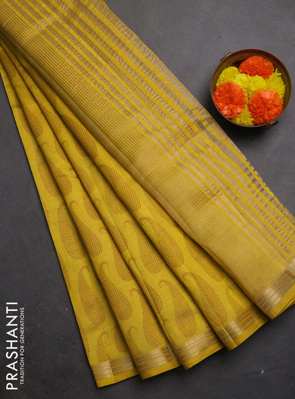 Semi raw silk saree mustard yellow with allover paisley butta prints and zari woven border
