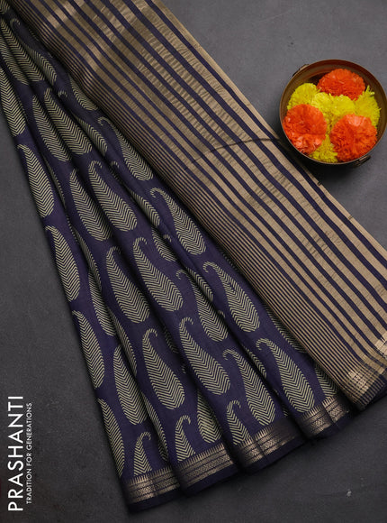 Semi raw silk saree navy blue with allover paisley butta prints and zari woven border