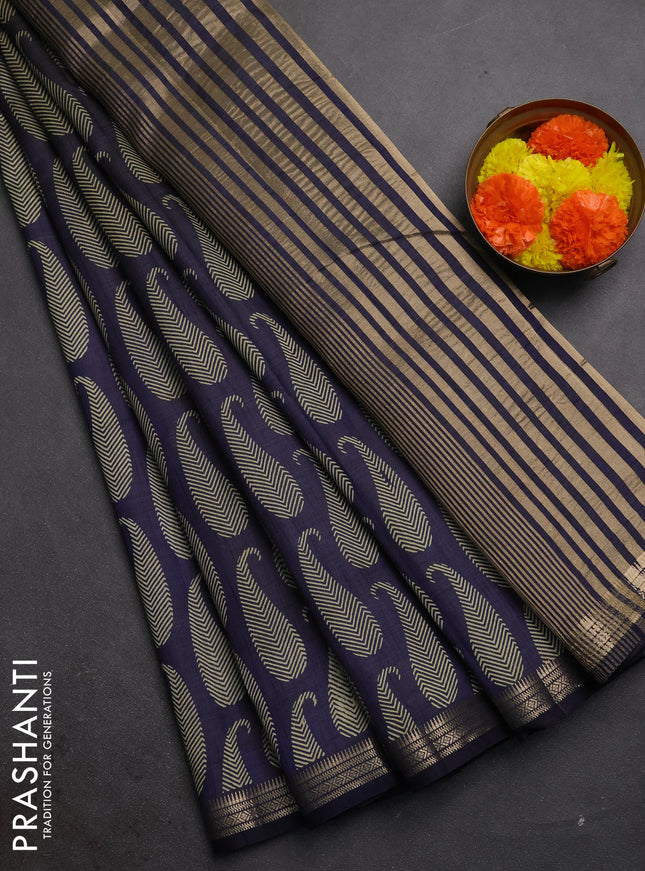 Semi raw silk saree navy blue with allover paisley butta prints and zari woven border