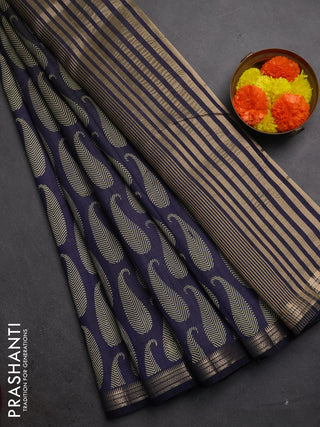 Semi raw silk saree navy blue with allover paisley butta prints and zari woven border