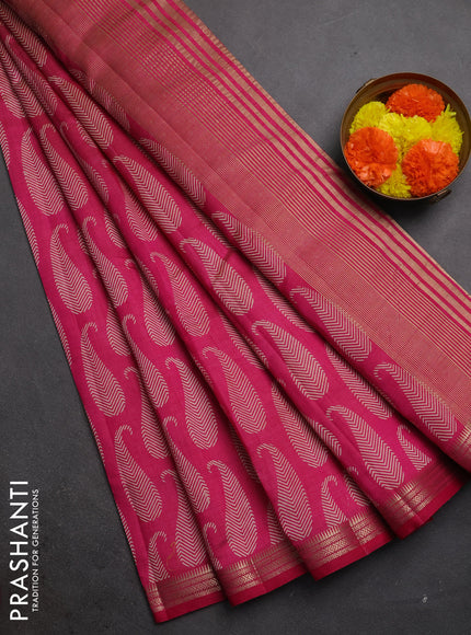 Semi raw silk saree pink with allover paisley butta prints and zari woven border