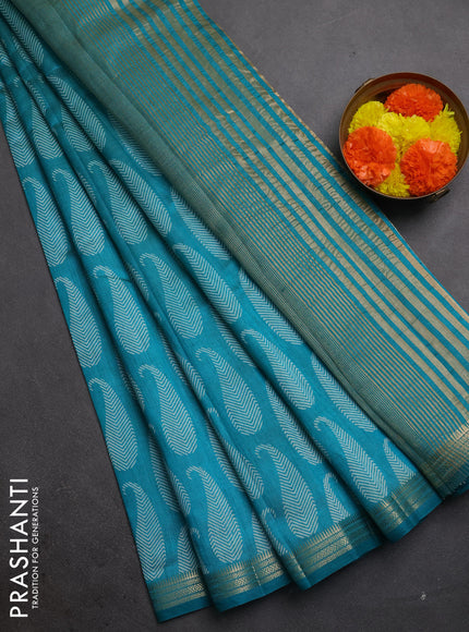 Semi raw silk saree teal green with allover paisley butta prints and zari woven border