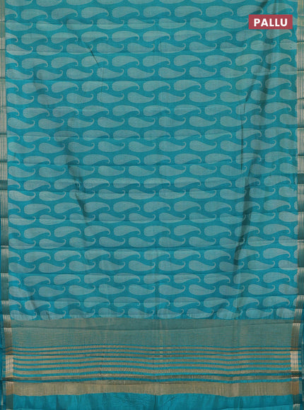 Semi raw silk saree teal green with allover paisley butta prints and zari woven border
