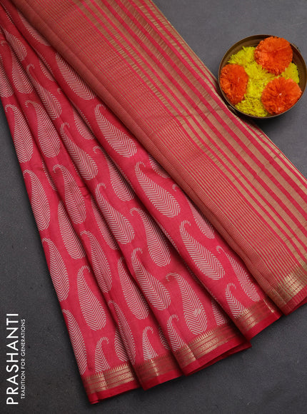 Semi raw silk saree pink shade with allover paisley butta prints and zari woven border
