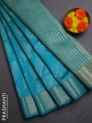 Semi raw silk saree teal blue with allover butta prints and temple design zari woven border