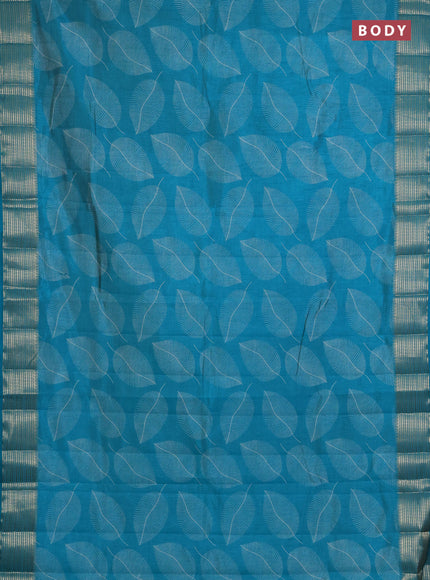 Semi raw silk saree teal blue with allover butta prints and temple design zari woven border