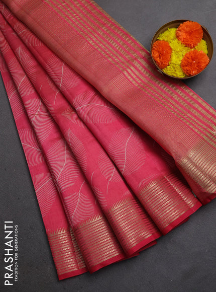Semi raw silk saree pink shade with allover butta prints and temple design zari woven border