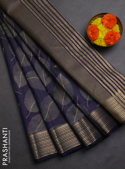 Semi raw silk saree navy blue with allover butta prints and temple design zari woven border