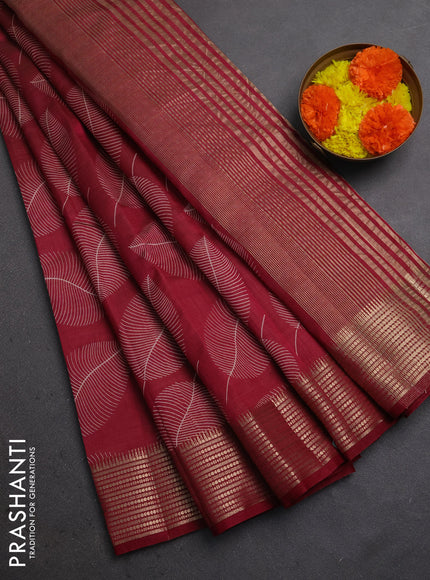 Semi raw silk saree maroon with allover butta prints and temple design zari woven border