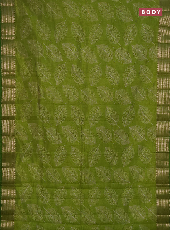 Semi raw silk saree light green with allover butta prints and temple design zari woven border