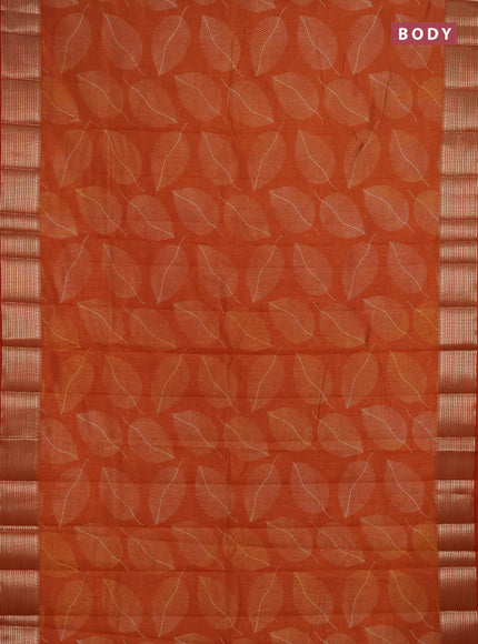Semi raw silk saree rustic orange with allover butta prints and temple design zari woven border