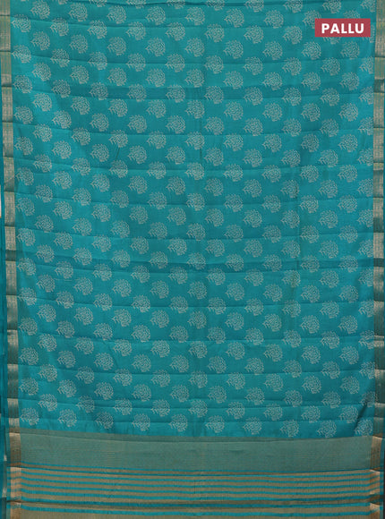 Semi raw silk saree teal green with allover floral butta prints and zari woven border