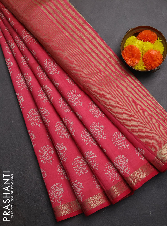Semi raw silk saree pink shade with allover floral butta prints and zari woven border