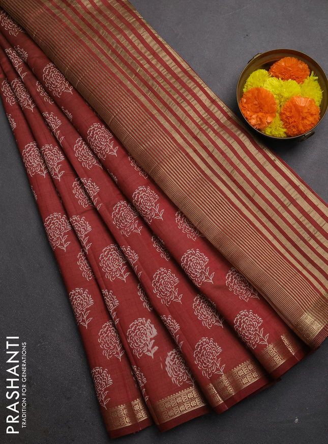 Semi raw silk saree maroon with allover floral butta prints and zari woven border