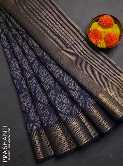 Semi raw silk saree navy blue with allover geometric butta prints and temple design zari woven border